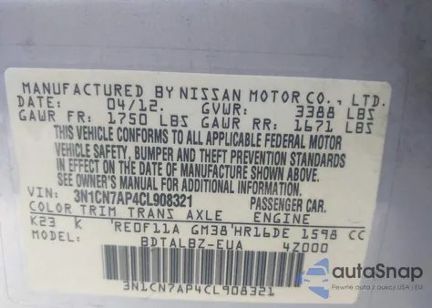 2012 Nissan Versa 1.6 Sv z USA, uszkodzony, nr VIN 3N1CN7AP4CL908321